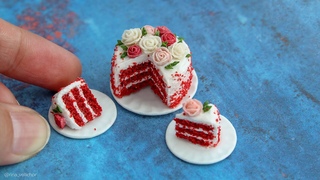 DIY Miniature Red Velvet cake with roses for doll 🌹 Polymer clay tutorial | Dollhouse miniatures