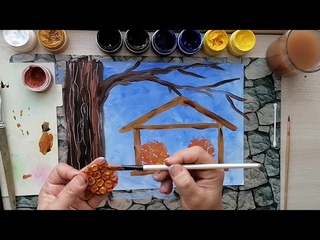 Птицы на кормушке. Воробышки. Нетрадиционное рисование